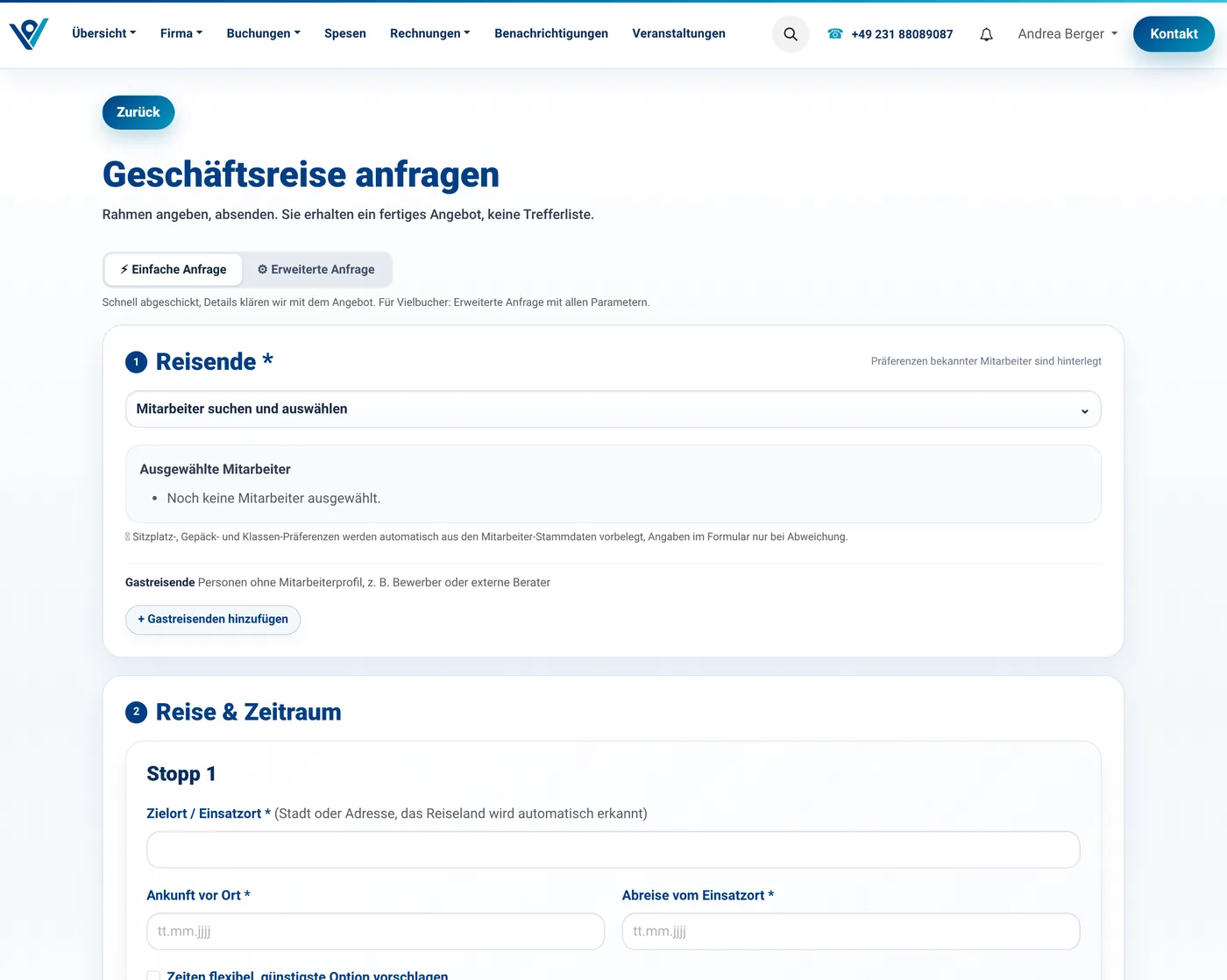 Formular Geschäftsreise anfragen im Kundenportal mit einfacher und erweiterter Anfrage
