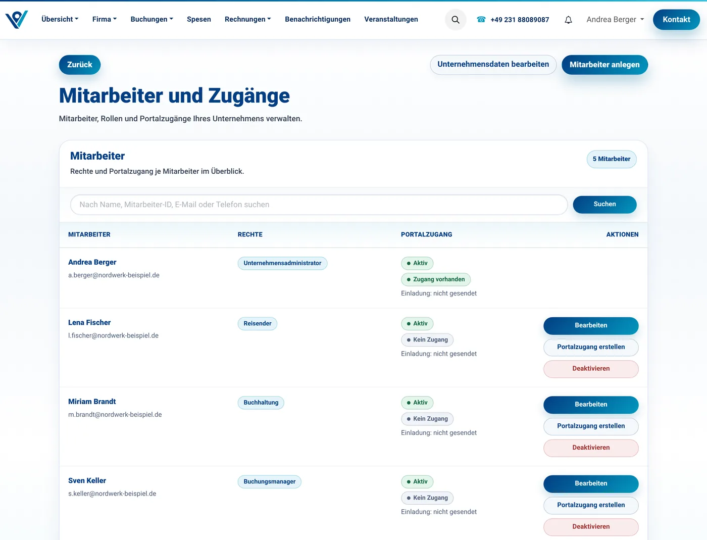 Mitarbeiterverwaltung im Kundenportal mit Rollen und Status der Portalzugänge