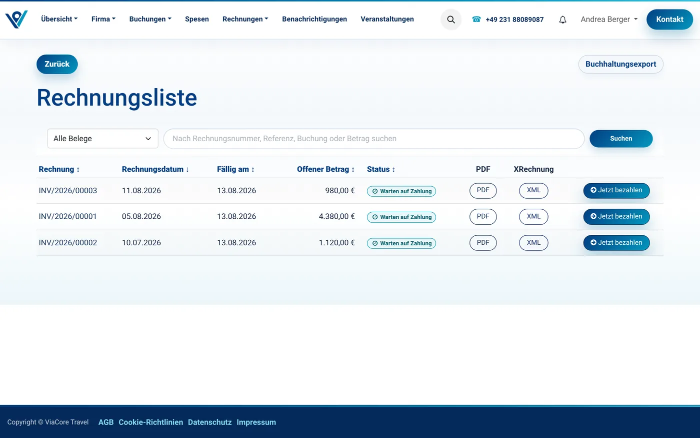 Rechnungsübersicht im Kundenportal mit Status und Downloadmöglichkeiten