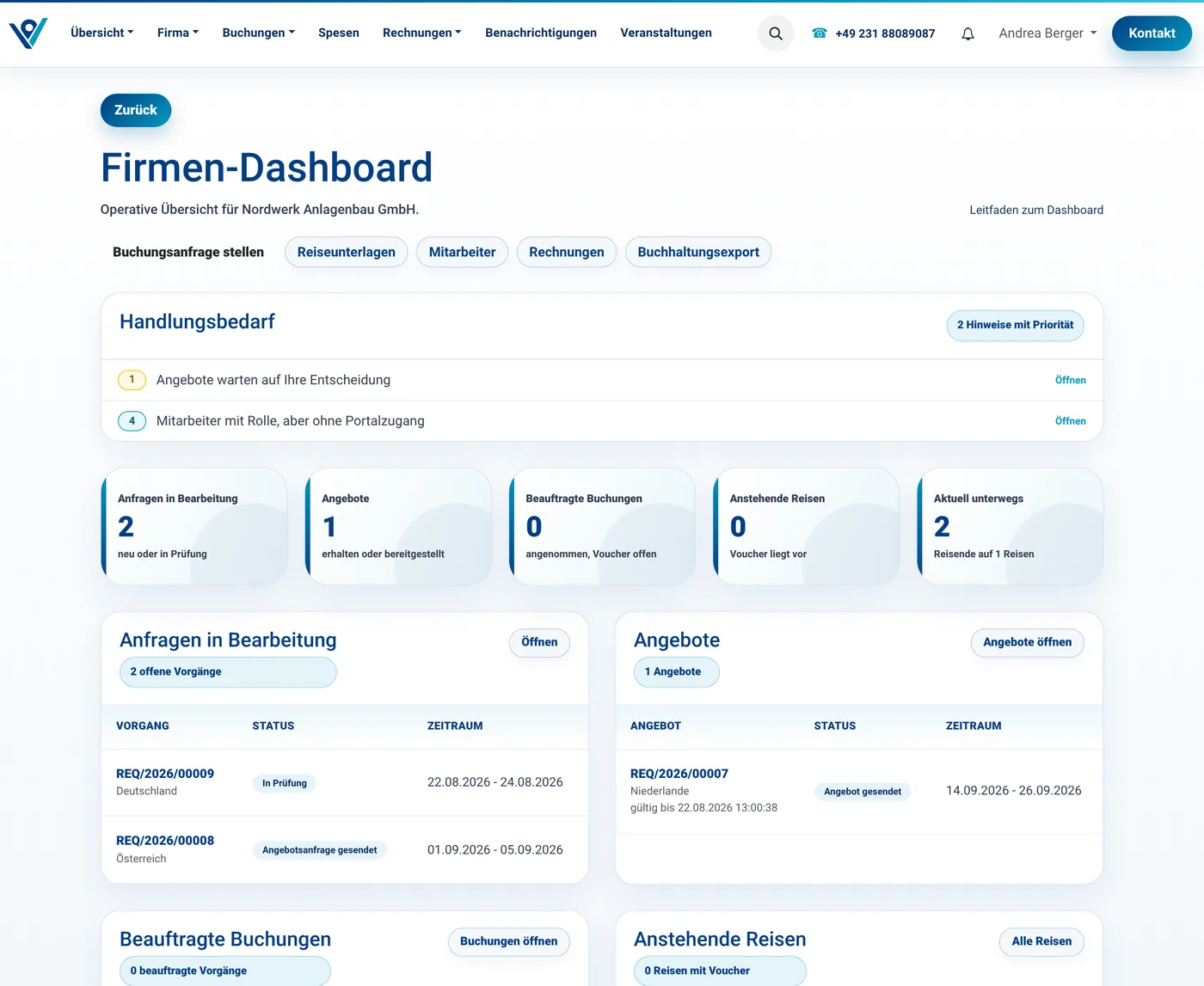 Firmen-Dashboard im ViaCore-Kundenportal mit Handlungsbedarf, Kennzahlen zu Anfragen, Angeboten und Reisen