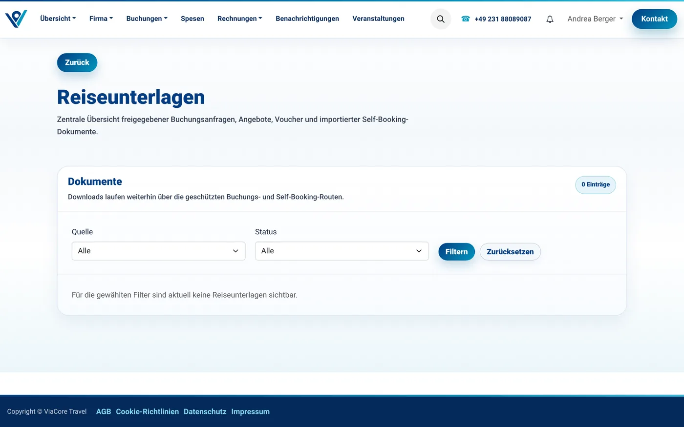 Übersicht der Reiseunterlagen im Kundenportal mit Dokument, Reise, Zeitraum, Reisenden und Download
